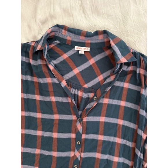 Knox Rose Plaid Button Down Shirt Tunic Teal Brown Pink Relaxed Fit XL - Picture 5 of 6
